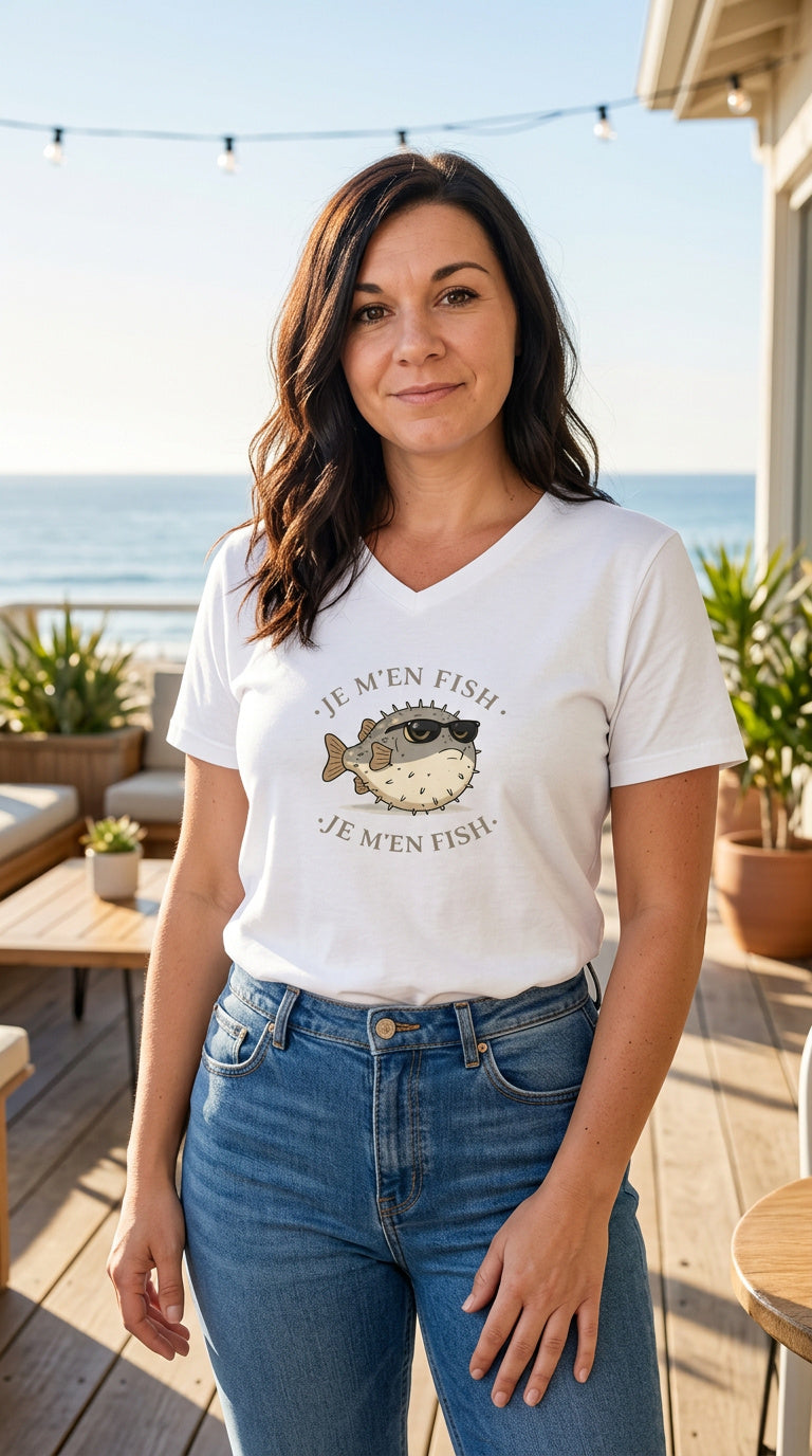 T-shirt Col V Humour "Je M'en Fish"