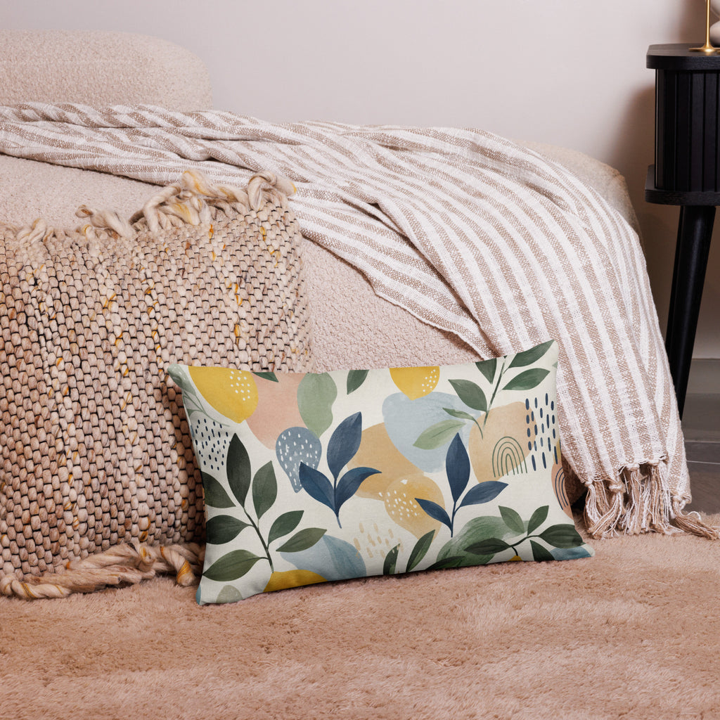 Coussin décoratif floral Citrus Flow au pied du lit, collection Alichacap